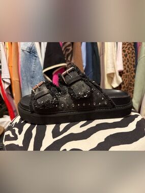 Nine West Black Studded Fringe Double-Buckle Slide Sandals